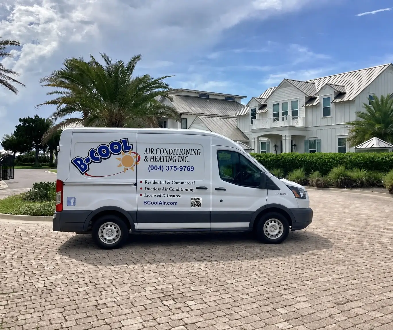 B-Cool Air Conditioning & Heating service van outside a home in Orange Park, Florida